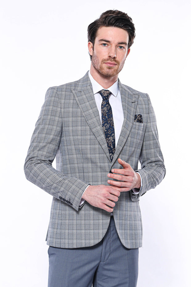 Grey Checked Slim-Fit Blazer 3-piece-suit, 34, 36, 38, 40, 42, 44, 46, 48, Blue, Checked, Men's Blazers, Modern Fit, Navy, Navy Blue, Peak, Peak Lapel, Plaid, Slim Fit, Slim Fit Blazers Men's