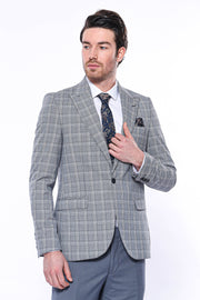 Grey Checked Slim-Fit Blazer 3-piece-suit, 34, 36, 38, 40, 42, 44, 46, 48, Blue, Checked, Men's Blazers, Modern Fit, Navy, Navy Blue, Peak, Peak Lapel, Plaid, Slim Fit, Slim Fit Blazers Men's