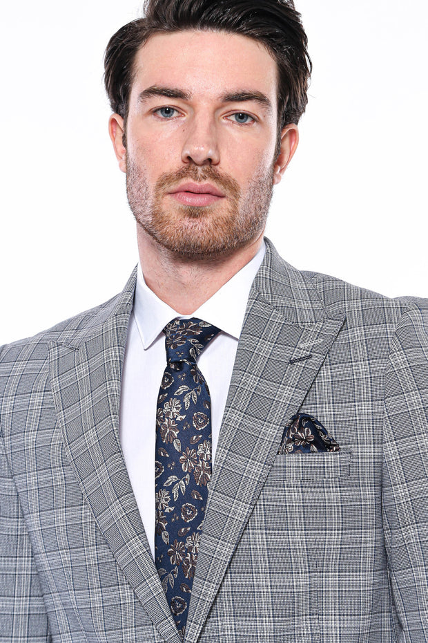 Grey Checked Slim-Fit Blazer 3-piece-suit, 34, 36, 38, 40, 42, 44, 46, 48, Blue, Checked, Men's Blazers, Modern Fit, Navy, Navy Blue, Peak, Peak Lapel, Plaid, Slim Fit, Slim Fit Blazers Men's