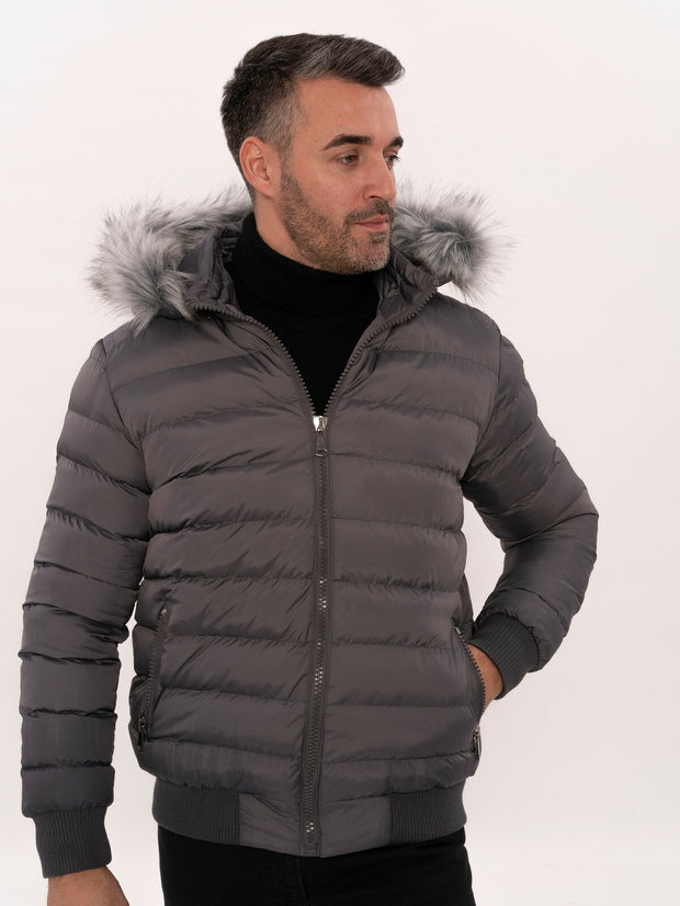 Grey Men's Puffer Coat with Fur | Wessi 3-piece-suit, 36, 38, 40, 42, Jackets, Modern Fit, Outwear, Puffer Coats, Quilted, Slim Fit OutwearJacketsPuffer Coats - wessi