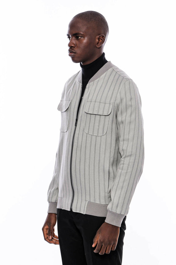 Grey Striped Bomber Coat $50 - $100, 36, 38, 40, 42, 44, 46, 48, Bomber Jacket, Daily, Grey, Modern Fit, Outwear, Slim Fit, Striped, Zippered OutwearBomber Jacket - wessi