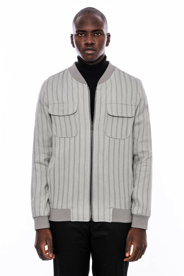 Grey Striped Bomber Coat $50 - $100, 36, 38, 40, 42, 44, 46, 48, Bomber Jacket, Daily, Grey, Modern Fit, Outwear, Slim Fit, Striped, Zippered OutwearBomber Jacket - wessi