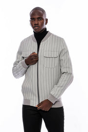 Grey Striped Bomber Coat $50 - $100, 36, 38, 40, 42, 44, 46, 48, Bomber Jacket, Daily, Grey, Modern Fit, Outwear, Slim Fit, Striped, Zippered OutwearBomber Jacket - wessi