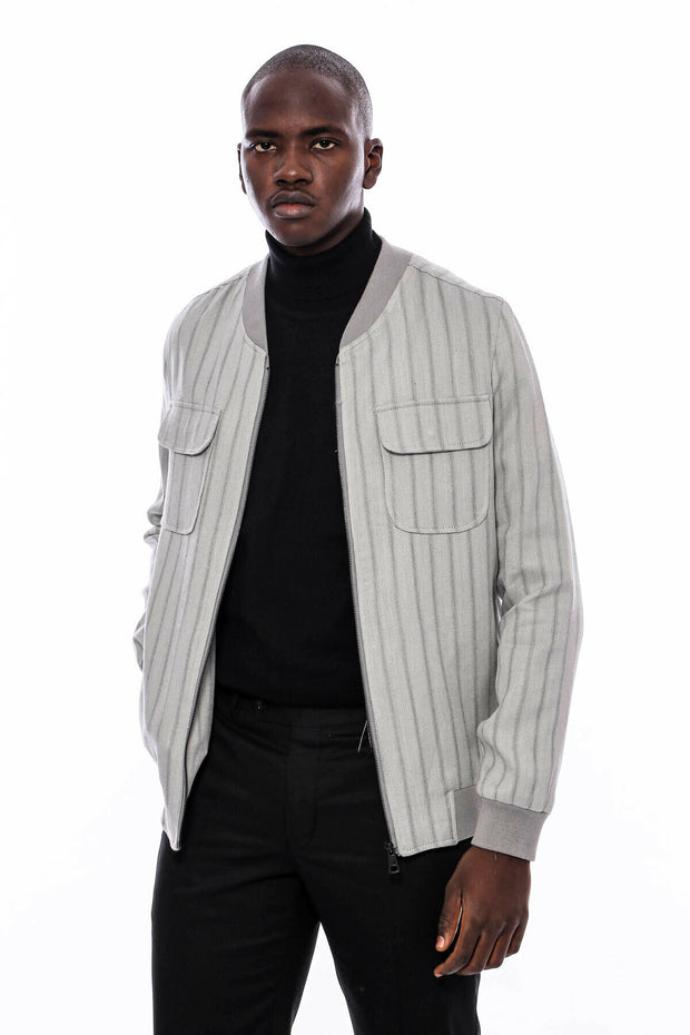 Grey Striped Bomber Coat $50 - $100, 36, 38, 40, 42, 44, 46, 48, Bomber Jacket, Daily, Grey, Modern Fit, Outwear, Slim Fit, Striped, Zippered OutwearBomber Jacket - wessi