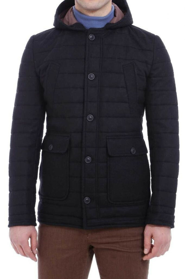 Hooded Black Felt Coat 36, 38, 40, 42, 44, 46, Black, Coat, Hooded Coat, Modern Fit, Outwear, Quilted, Slim Fit OutletCoat - wessi