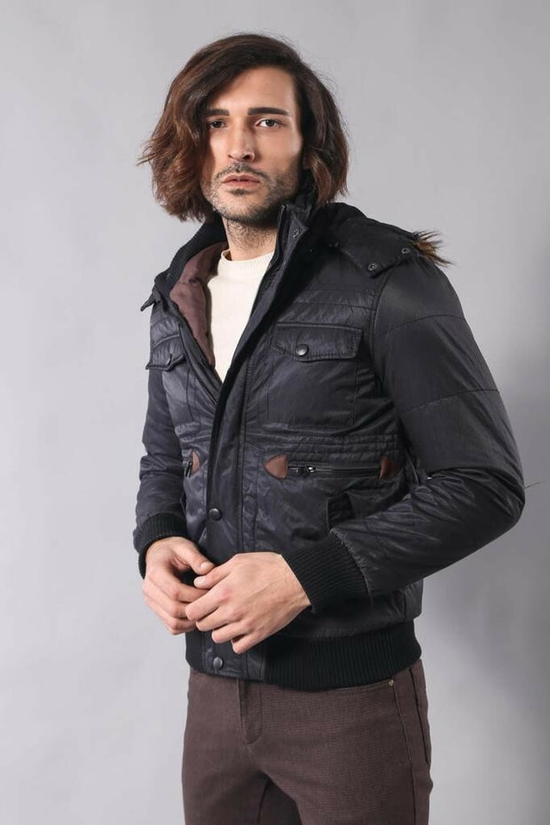 Hooded Black Quilted Jacket 3-piece-suit, 3xl, Black, Jackets, Outwear, Puffer Coats, Quilted, Zippered OutletCoat - wessi