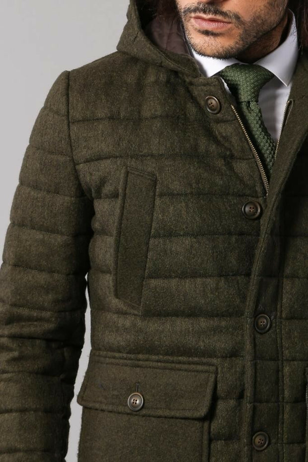 Hooded Green Felt Coat $50 - $100, 36, 38, 40, 42, 44, 46, Coat, Daily, Green, Hooded, Hooded Coat, Modern Fit, Outwear, Plain, Quilted, Quilted Jackets, Slim Fit OutletCoat - wessi