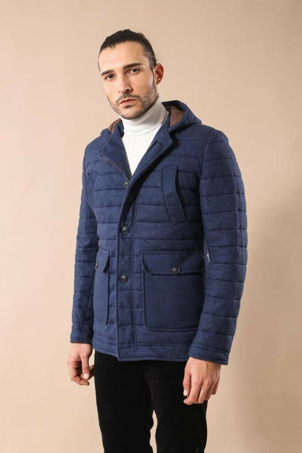 Hooded IndÄ±go Felt Coat 36, 38, 40, 42, 44, 46, Coat, Hooded, Hooded Coat, Modern Fit, Outwear, Quilted, Slim Fit OutletCoat - wessi