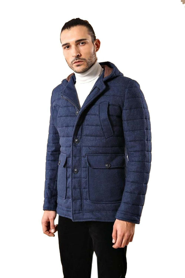 Hooded IndÄ±go Felt Coat 36, 38, 40, 42, 44, 46, Coat, Hooded, Hooded Coat, Modern Fit, Outwear, Quilted, Slim Fit OutletCoat - wessi