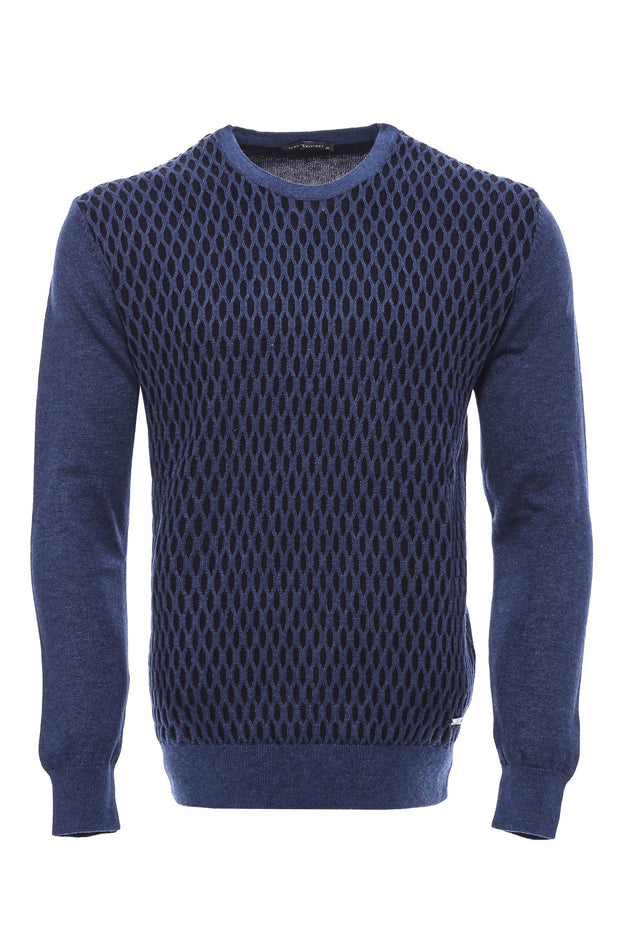 Indigo Diamond Patterned Circle Neck Sweater 3-piece-suit, blue, Circle Neck, Crew Neck, Crew Neck Sweater, Daily, Knit, Knitwear, L, M, Modern Fit, Patterned, Slim Fit, XL, XXL KnitwearCrew 