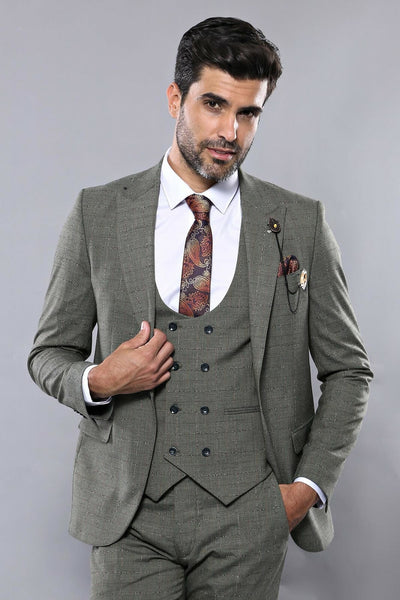 Khaki Checked Suit | Wessi 3-piece-suit, 36, 38, 40, 42, Checked, Double Breasted, Modern Fit, Peak, Peak Lapel, Plaid, Slim Fit, Slim Fit Suit, Suit SuitSlim Fit Suit - wessi