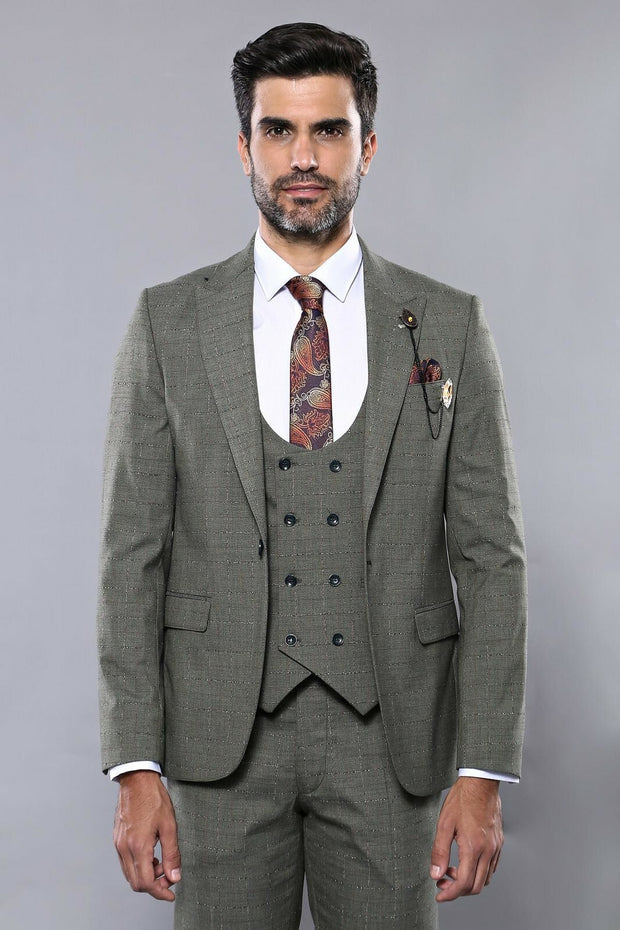 Khaki Checked Suit | Wessi 3-piece-suit, 36, 38, 40, 42, Checked, Double Breasted, Modern Fit, Peak, Peak Lapel, Plaid, Slim Fit, Slim Fit Suit, Suit SuitSlim Fit Suit - wessi