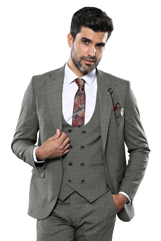 Khaki Checked Suit | Wessi 3-piece-suit, 36, 38, 40, 42, Checked, Double Breasted, Modern Fit, Peak, Peak Lapel, Plaid, Slim Fit, Slim Fit Suit, Suit SuitSlim Fit Suit - wessi