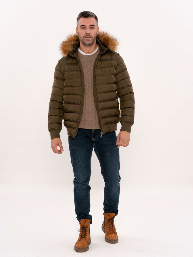 Khaki Fur Hooded Men's Puffer Coat | Wessi 3-piece-suit, 36, 38, 40, 42, 44, 46, Hooded, Jackets, Modern Fit, Outwear, Puffer Coats, Quilted, Slim Fit OutwearJacketsPuffer Coats - wessi