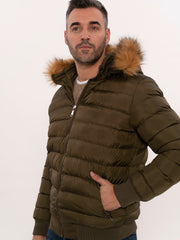 Khaki Fur Hooded Men's Puffer Coat | Wessi 3-piece-suit, 36, 38, 40, 42, 44, 46, Hooded, Jackets, Modern Fit, Outwear, Puffer Coats, Quilted, Slim Fit OutwearJacketsPuffer Coats - wessi