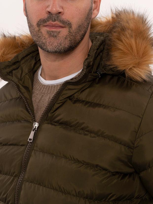 Khaki Fur Hooded Men's Puffer Coat | Wessi 3-piece-suit, 36, 38, 40, 42, 44, 46, Hooded, Jackets, Modern Fit, Outwear, Puffer Coats, Quilted, Slim Fit OutwearJacketsPuffer Coats - wessi