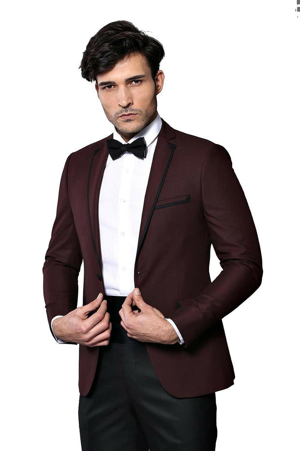 Lapel Modeled Burgundy Tuxedo | Wessi 3-piece-suit, 38, 40, Modern Fit, Notch, Party, Slim Fit, Slim Fit Suit, Suit, Wedding OutletSuit - wessi