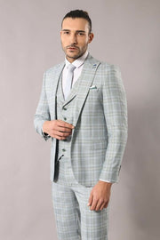 Light Blue Checked Mens Suit | Wessi $100 - $150, 3-piece-suit, 36, 40, 42, 44, 46, 6 Drop, Casual, Casual Suit, Checked, Daily, Italian Suit, Modern Fit, Peak, Peak Lapel, Plaid, Slim Fit, S