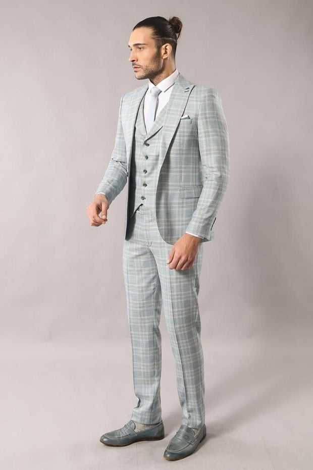 Light Blue Checked Mens Suit | Wessi $100 - $150, 3-piece-suit, 36, 40, 42, 44, 46, 6 Drop, Casual, Casual Suit, Checked, Daily, Italian Suit, Modern Fit, Peak, Peak Lapel, Plaid, Slim Fit, S