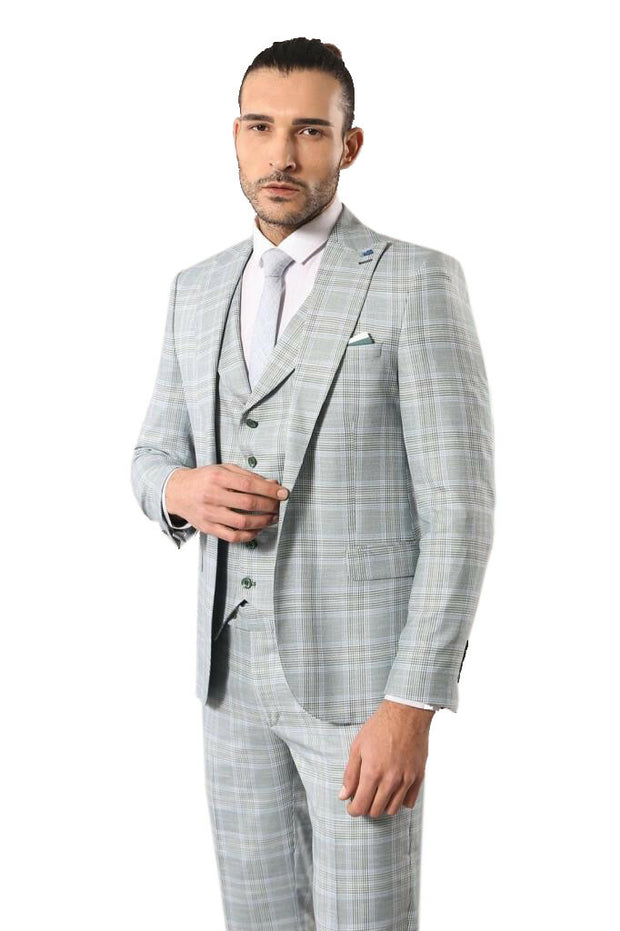 Light Blue Checked Mens Suit | Wessi $100 - $150, 3-piece-suit, 36, 40, 42, 44, 46, 6 Drop, Casual, Casual Suit, Checked, Daily, Italian Suit, Modern Fit, Peak, Peak Lapel, Plaid, Slim Fit, S