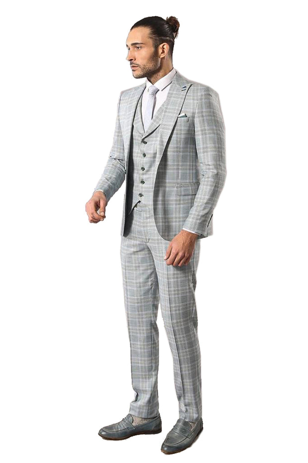 Light Blue Checked Mens Suit | Wessi $100 - $150, 3-piece-suit, 36, 40, 42, 44, 46, 6 Drop, Casual, Casual Suit, Checked, Daily, Italian Suit, Modern Fit, Peak, Peak Lapel, Plaid, Slim Fit, S