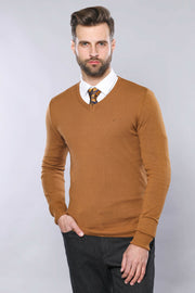 Light Brown V Neck Sweater | Wessi 3-piece-suit, Basic, Brown, Daily, Essentials, Knitwear, Modern Fit, Plain, Slim Fit, tan, V Neck KnitwearV Neck - wessi