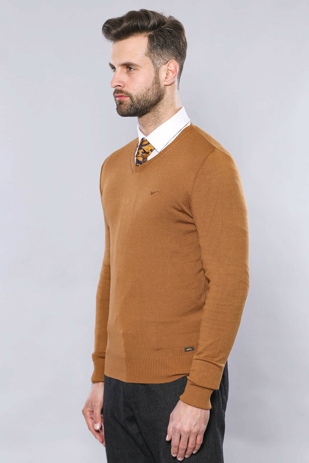 Light Brown V Neck Sweater | Wessi 3-piece-suit, Basic, Brown, Daily, Essentials, Knitwear, Modern Fit, Plain, Slim Fit, tan, V Neck KnitwearV Neck - wessi