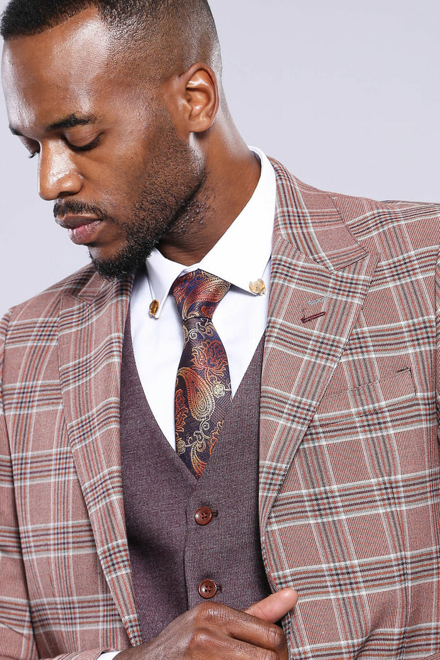 Light Burgundy Checked Combined Suit | Wessi 3 Piece Suits, 3-piece-suit, 34, 38, 40, 42, 46, Blue, Checked, Classic Blazer, Combined Suit, mens-suit, mens-suit_obsolete, Navy, Navy Blue, Pea