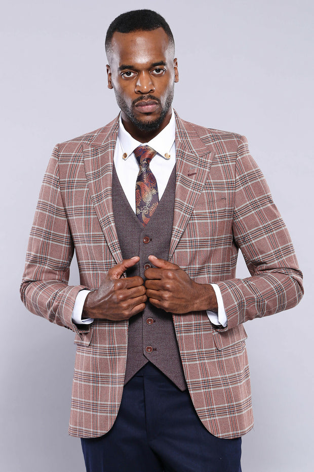 Light Burgundy Checked Combined Suit | Wessi 3 Piece Suits, 3-piece-suit, 34, 38, 40, 42, 46, Blue, Checked, Classic Blazer, Combined Suit, mens-suit, mens-suit_obsolete, Navy, Navy Blue, Pea