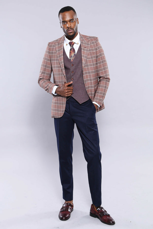 Light Burgundy Checked Combined Suit | Wessi 3 Piece Suits, 3-piece-suit, 34, 38, 40, 42, 46, Blue, Checked, Classic Blazer, Combined Suit, mens-suit, mens-suit_obsolete, Navy, Navy Blue, Pea