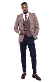 Light Burgundy Checked Combined Suit | Wessi 3 Piece Suits, 3-piece-suit, 34, 38, 40, 42, 46, Blue, Checked, Classic Blazer, Combined Suit, mens-suit, mens-suit_obsolete, Navy, Navy Blue, Pea