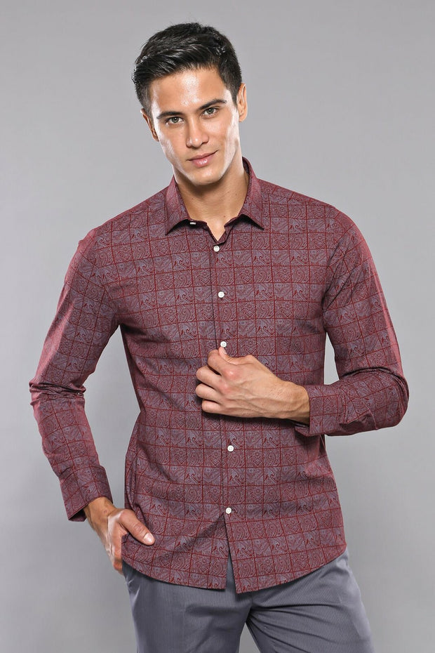 Light Burgundy Patterned Men's Shirt | Wessi 3-piece-suit, Burgundy, Casual, Daily, Floral, Floral Shirt, Italian, Modern Fit, Patterned, Plaid, red, Shirt, Slim Fit ShirtFloral Shirt - wessi