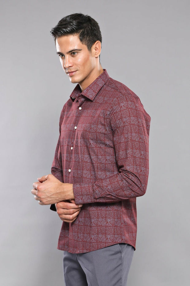 Light Burgundy Patterned Men's Shirt | Wessi 3-piece-suit, Burgundy, Casual, Daily, Floral, Floral Shirt, Italian, Modern Fit, Patterned, Plaid, red, Shirt, Slim Fit ShirtFloral Shirt - wessi