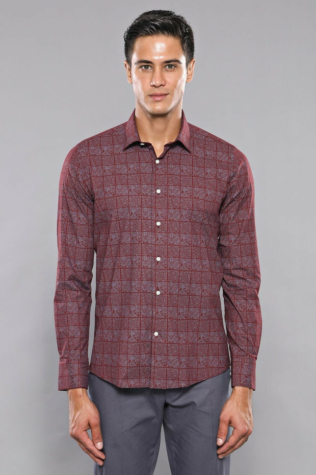 Light Burgundy Patterned Men's Shirt | Wessi 3-piece-suit, Burgundy, Casual, Daily, Floral, Floral Shirt, Italian, Modern Fit, Patterned, Plaid, red, Shirt, Slim Fit ShirtFloral Shirt - wessi