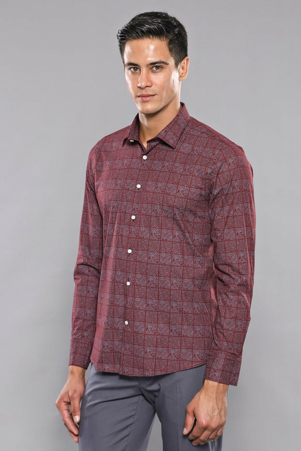 Light Burgundy Patterned Men's Shirt | Wessi 3-piece-suit, Burgundy, Casual, Daily, Floral, Floral Shirt, Italian, Modern Fit, Patterned, Plaid, red, Shirt, Slim Fit ShirtFloral Shirt - wessi