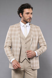 Linnen Touch Checked Beige Suit | Wessi 3-piece-suit, 38, 40, 42, Checked, mens-suit, mens-suit_obsolete, Peak, Peak Lapel, Plaid, Plaid Suit, Suit OutletSuit - wessi