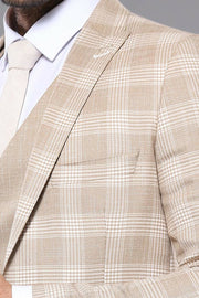 Linnen Touch Checked Beige Suit | Wessi 3-piece-suit, 38, 40, 42, Checked, mens-suit, mens-suit_obsolete, Peak, Peak Lapel, Plaid, Plaid Suit, Suit OutletSuit - wessi