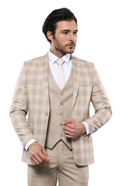 Linnen Touch Checked Beige Suit | Wessi 3-piece-suit, 38, 40, 42, Checked, mens-suit, mens-suit_obsolete, Peak, Peak Lapel, Plaid, Plaid Suit, Suit OutletSuit - wessi