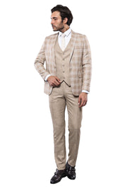 Linnen Touch Checked Beige Suit | Wessi 3-piece-suit, 38, 40, 42, Checked, mens-suit, mens-suit_obsolete, Peak, Peak Lapel, Plaid, Plaid Suit, Suit OutletSuit - wessi