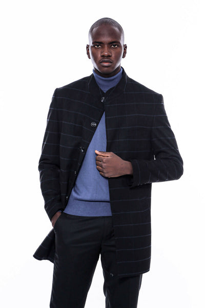 Mandarin Collar Black Checked Coat 36, 38, 40, 42, 44, 46, 48, 6 Drop, Black, Cachet, Checked, Italian Suit, Mandarin Collar Peacoat, Modern Fit, Outwear, Peacoat, Plaid, Slim Fit, Slim Fit S