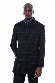 Mandarin Collar Black Checked Coat 36, 38, 40, 42, 44, 46, 48, 6 Drop, Black, Cachet, Checked, Italian Suit, Mandarin Collar Peacoat, Modern Fit, Outwear, Peacoat, Plaid, Slim Fit, Slim Fit S