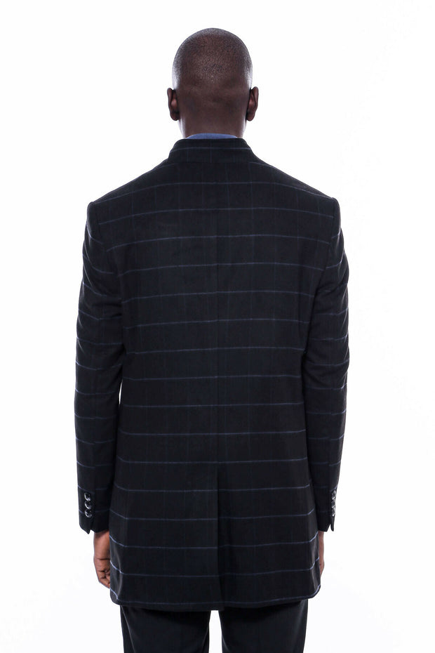 Mandarin Collar Black Checked Coat 36, 38, 40, 42, 44, 46, 48, 6 Drop, Black, Cachet, Checked, Italian Suit, Mandarin Collar Peacoat, Modern Fit, Outwear, Peacoat, Plaid, Slim Fit, Slim Fit S