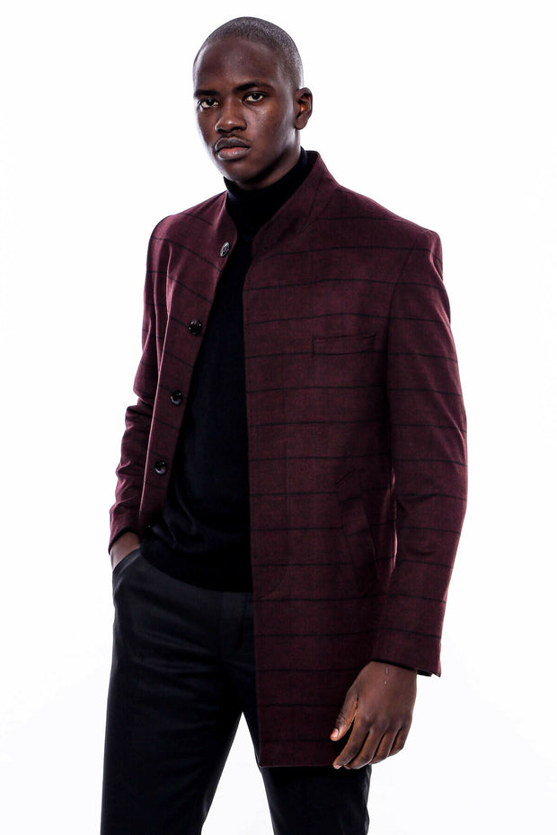 Mandarin Collar Burgundy Checked Coat 36, 38, 40, 42, 44, 46, 48, Checked, Mandarin Collar Peacoat, Modern Fit, Outwear, Peacoat, Plaid, Slim Fit OutwearPeacoatMandarin Collar Peacoat - wessi