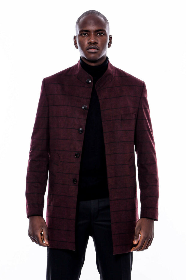 Mandarin Collar Burgundy Checked Coat 36, 38, 40, 42, 44, 46, 48, Checked, Mandarin Collar Peacoat, Modern Fit, Outwear, Peacoat, Plaid, Slim Fit OutwearPeacoatMandarin Collar Peacoat - wessi