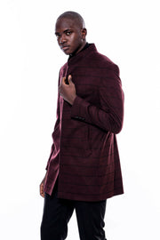 Mandarin Collar Burgundy Checked Coat 36, 38, 40, 42, 44, 46, 48, Checked, Mandarin Collar Peacoat, Modern Fit, Outwear, Peacoat, Plaid, Slim Fit OutwearPeacoatMandarin Collar Peacoat - wessi