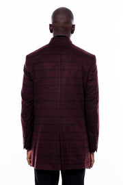 Mandarin Collar Burgundy Checked Coat 36, 38, 40, 42, 44, 46, 48, Checked, Mandarin Collar Peacoat, Modern Fit, Outwear, Peacoat, Plaid, Slim Fit OutwearPeacoatMandarin Collar Peacoat - wessi