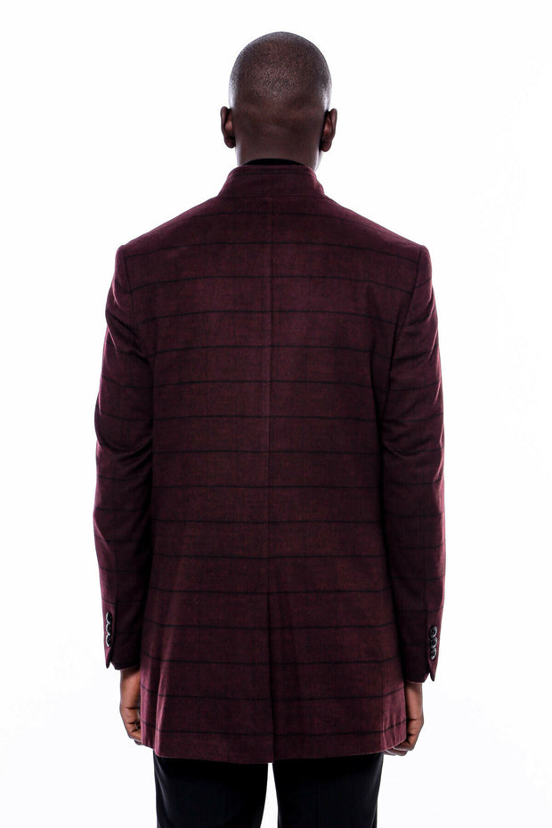 Mandarin Collar Burgundy Checked Coat 36, 38, 40, 42, 44, 46, 48, Checked, Mandarin Collar Peacoat, Modern Fit, Outwear, Peacoat, Plaid, Slim Fit OutwearPeacoatMandarin Collar Peacoat - wessi