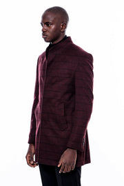 Mandarin Collar Burgundy Checked Coat 36, 38, 40, 42, 44, 46, 48, Checked, Mandarin Collar Peacoat, Modern Fit, Outwear, Peacoat, Plaid, Slim Fit OutwearPeacoatMandarin Collar Peacoat - wessi