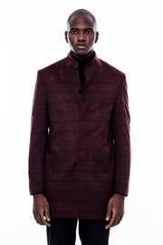 Mandarin Collar Burgundy Checked Coat 36, 38, 40, 42, 44, 46, 48, Checked, Mandarin Collar Peacoat, Modern Fit, Outwear, Peacoat, Plaid, Slim Fit OutwearPeacoatMandarin Collar Peacoat - wessi