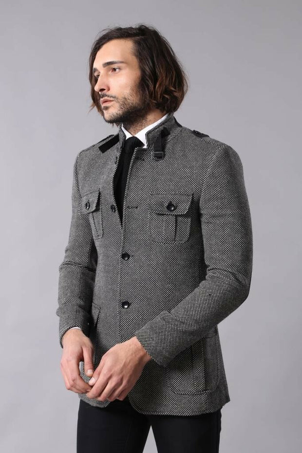 Mandarin Collar Cachet Grey Jacket $30 - $50, 34, 36, 6 Drop, Cachet, Casual, Daily, Dot Patterned, Grey, Italian, Italian Suit, Mandarin Collar, Men's Blazers, Modern Fit, Patterned, Slim Fi